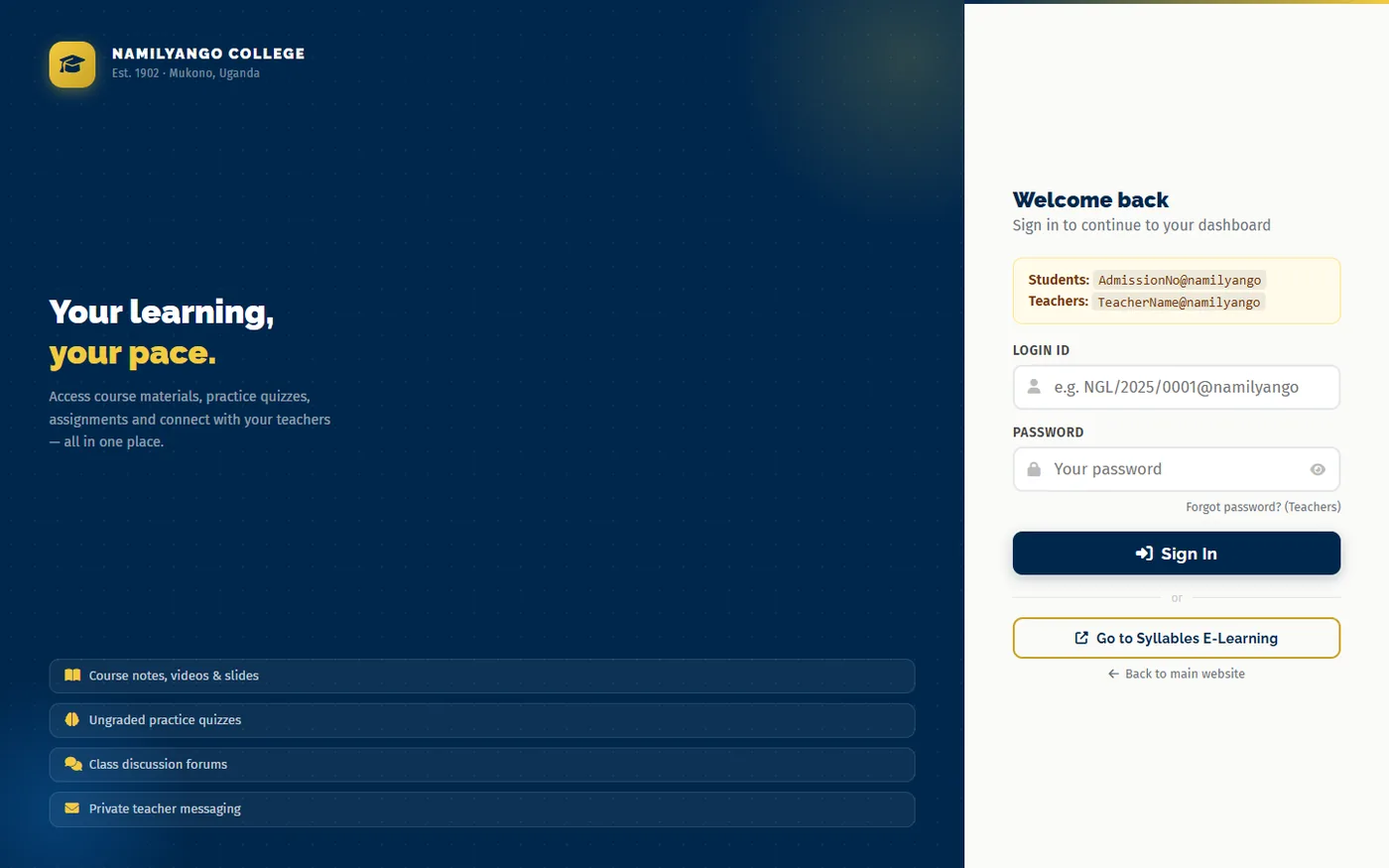 Namilyango e-learning sign-in